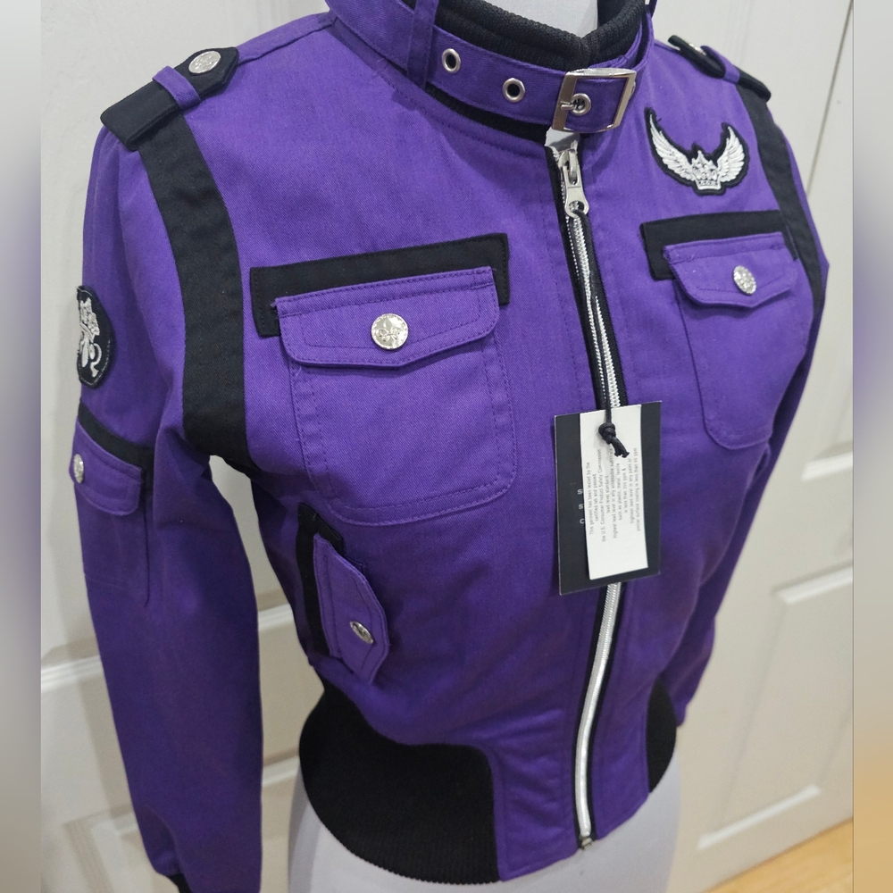 ~SOLD~ 1 RMT Raw Blue Pink Purple Moto Patch Buckle Collar Zip Up Jacket Coat S - Picture 15 of 16